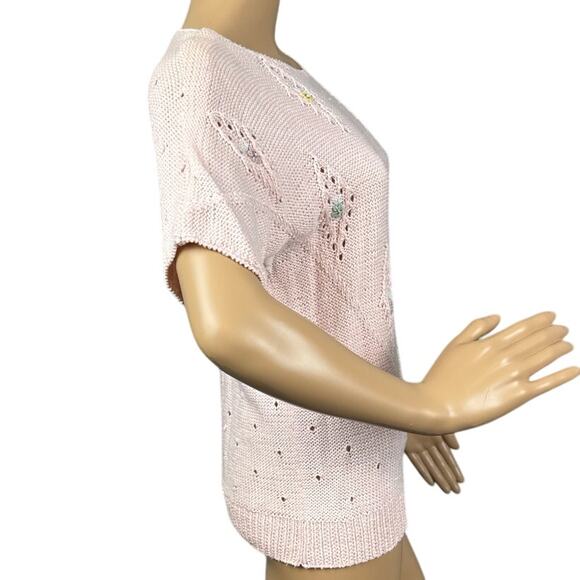 Vintage 70's Women's Knitted Sweater Lt Pink Floral Grandmacore Cottagecore - Picture 3 of 9